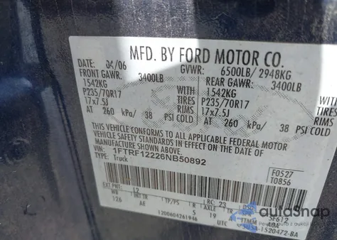 2006 Ford F-150 Stx/Xl/Xlt z USA, uszkodzony, nr VIN 1FTRF12226NB50892